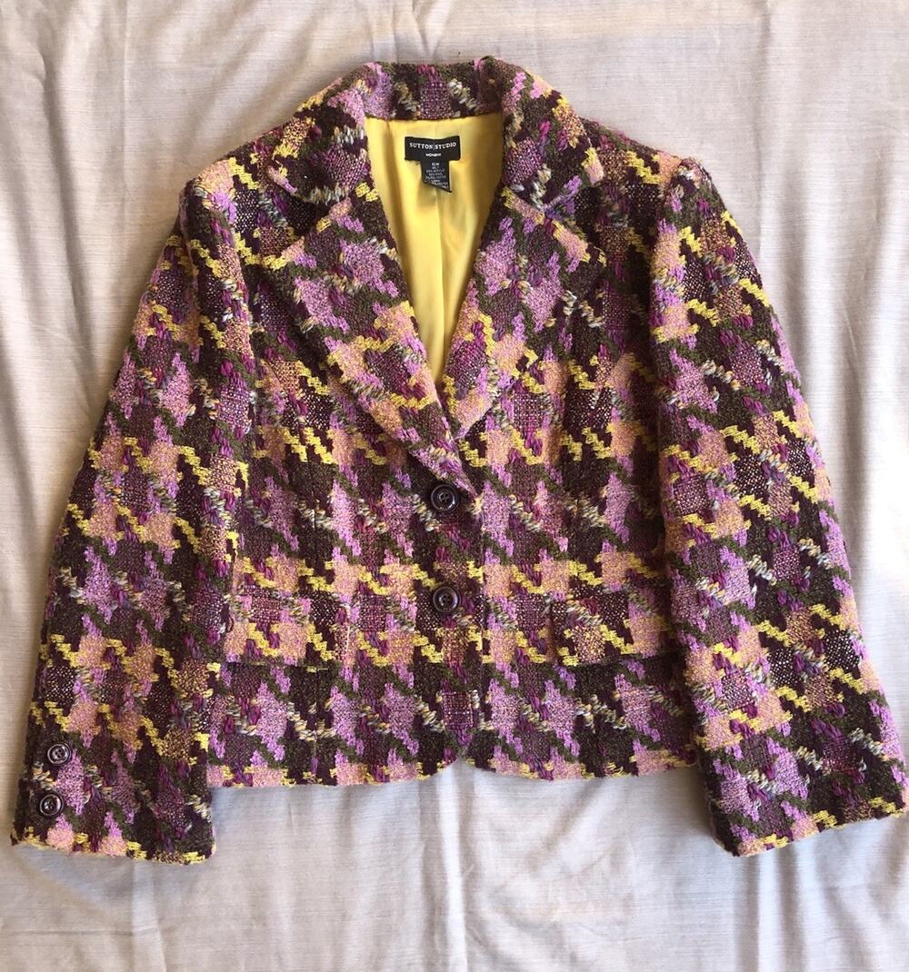Sutton Studio Women’s 16W Tweed Blazer Purple Plaid Houndstooth Colorful